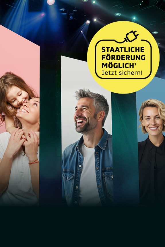 Mitsubishi Happy Weeks Kampagnenbanner mit vier lächelnden Personen in vertikalen Bildstreifen mit Scheinwerferlicht